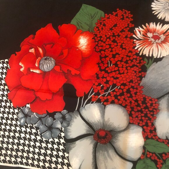 Vintage Floral Silk-Blend Scarf — Black Red & Gray | Designer-Quality 80s/90s - Picture 7 of 12